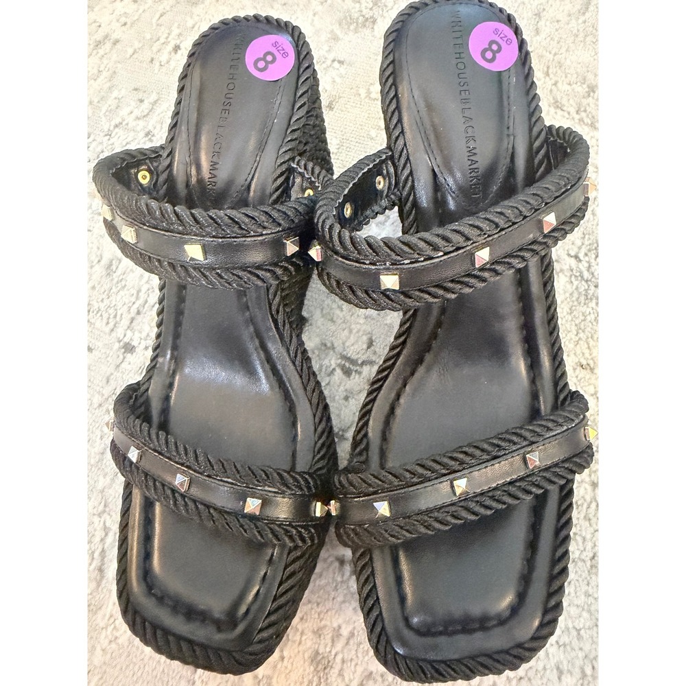 White House Black Market Studded Rope Wedge Sandals Black Square Toe 8M